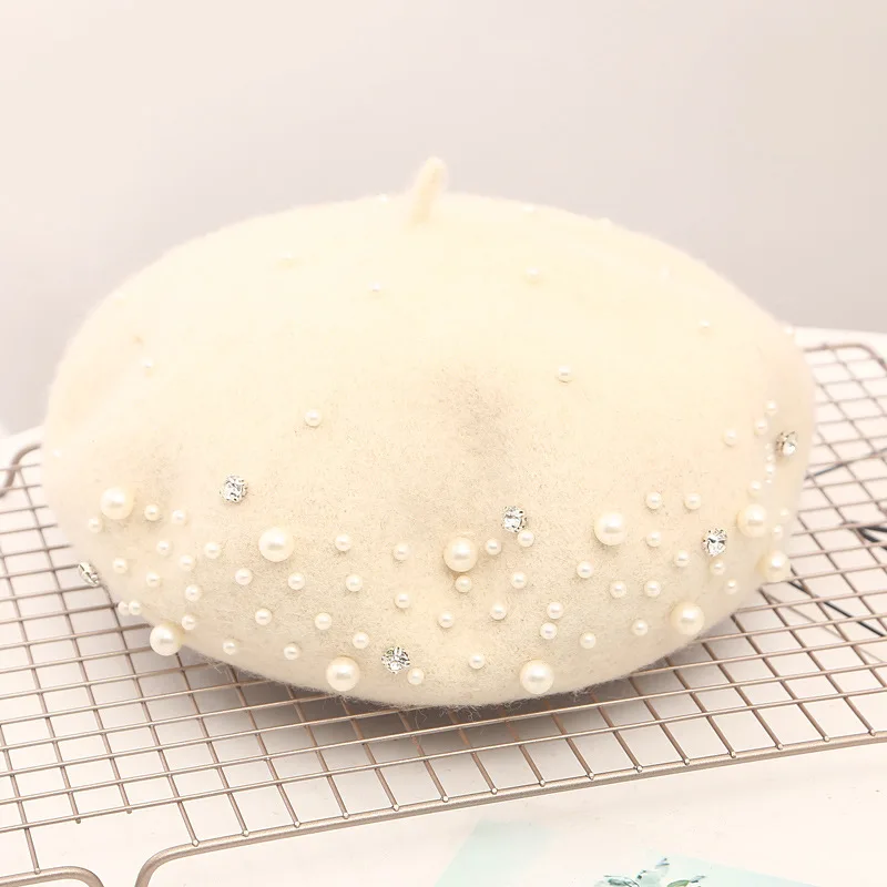 قبعة صوفية لؤلؤية للسيدات للخريف والشتاء، قبعة رسا...