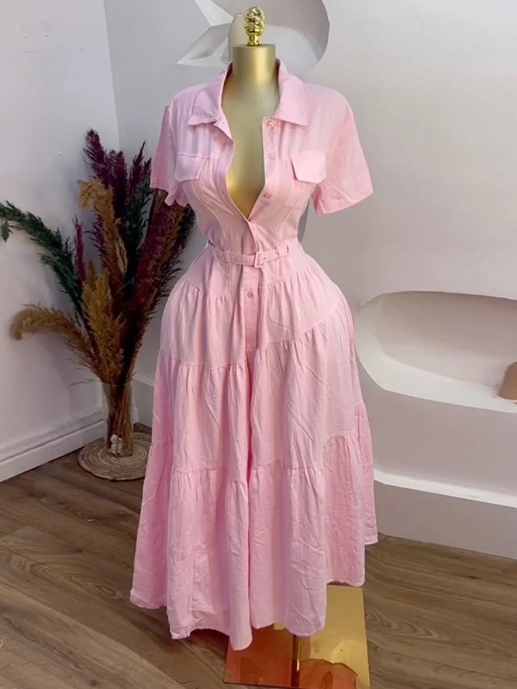 Wmstar Dress Women Wholesale Woman 2025 Summer New Fashion Lapel Short Sleeved Button Down Belt A Line Shirt Dresses One Pieces