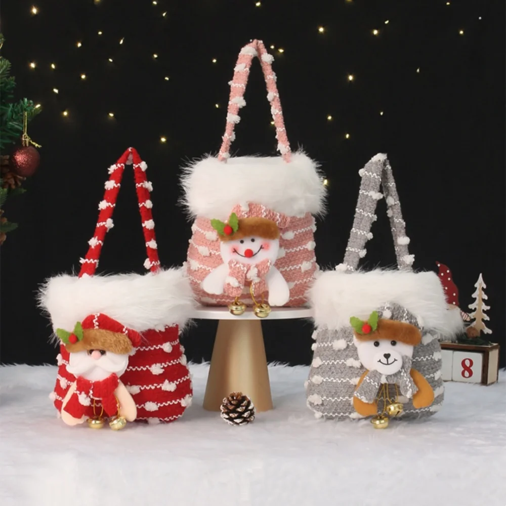 Christmas Gift Bags Knitted Snowflake Velvet Handbag Candy Tote Bag Snowman Santa Claus Children Apple Gift Storage Bags