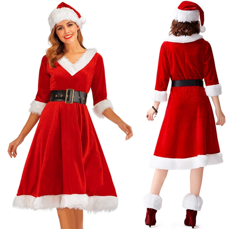 

New Fashion Women Christmas Velvet Dress 3/4 Sleeve V-Neck Slim Fit Patchwork Dinner Party Dress+Buckle Belt+Pompom Hats