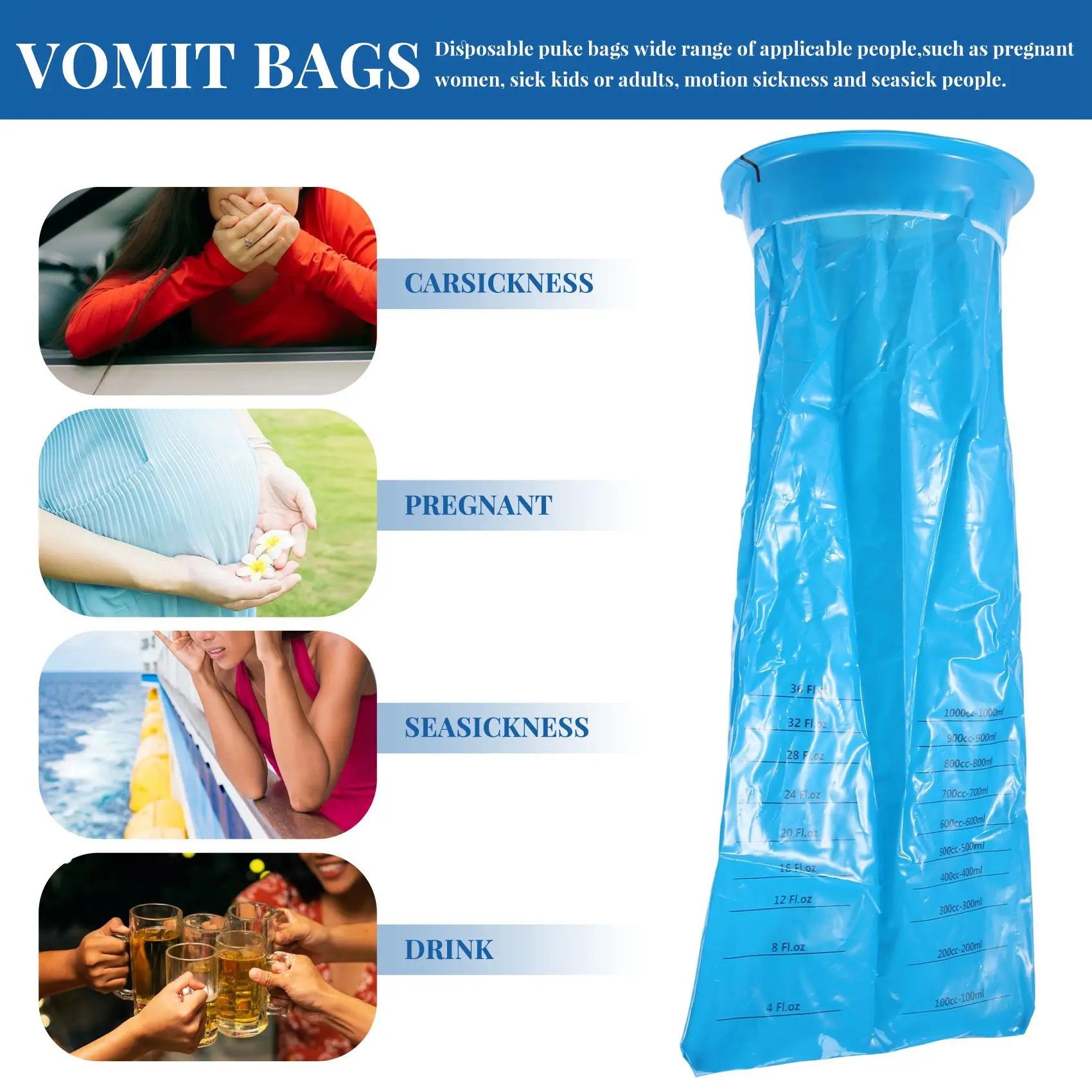 20Pcs Disposable Vomit Bags , Emesis Bags, Aircraft & Car Sickness Bag