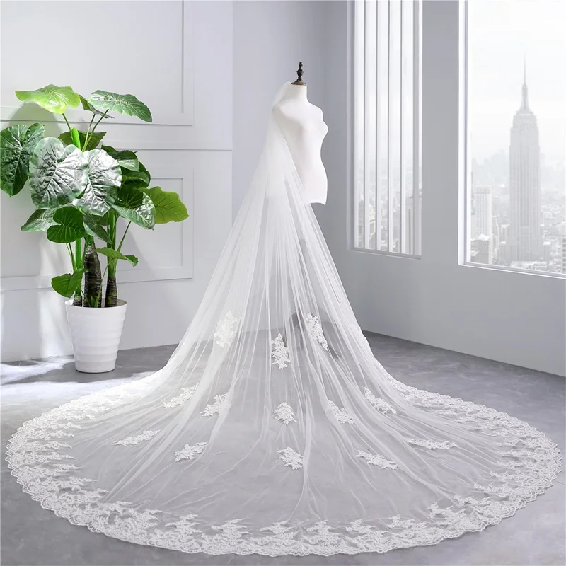 

Luxury Bridal Veils with Comb Appliques Elegant Wedding Accessories 2 Layers Soft Tulle Cathedral Wedding Veil With Cover Face
