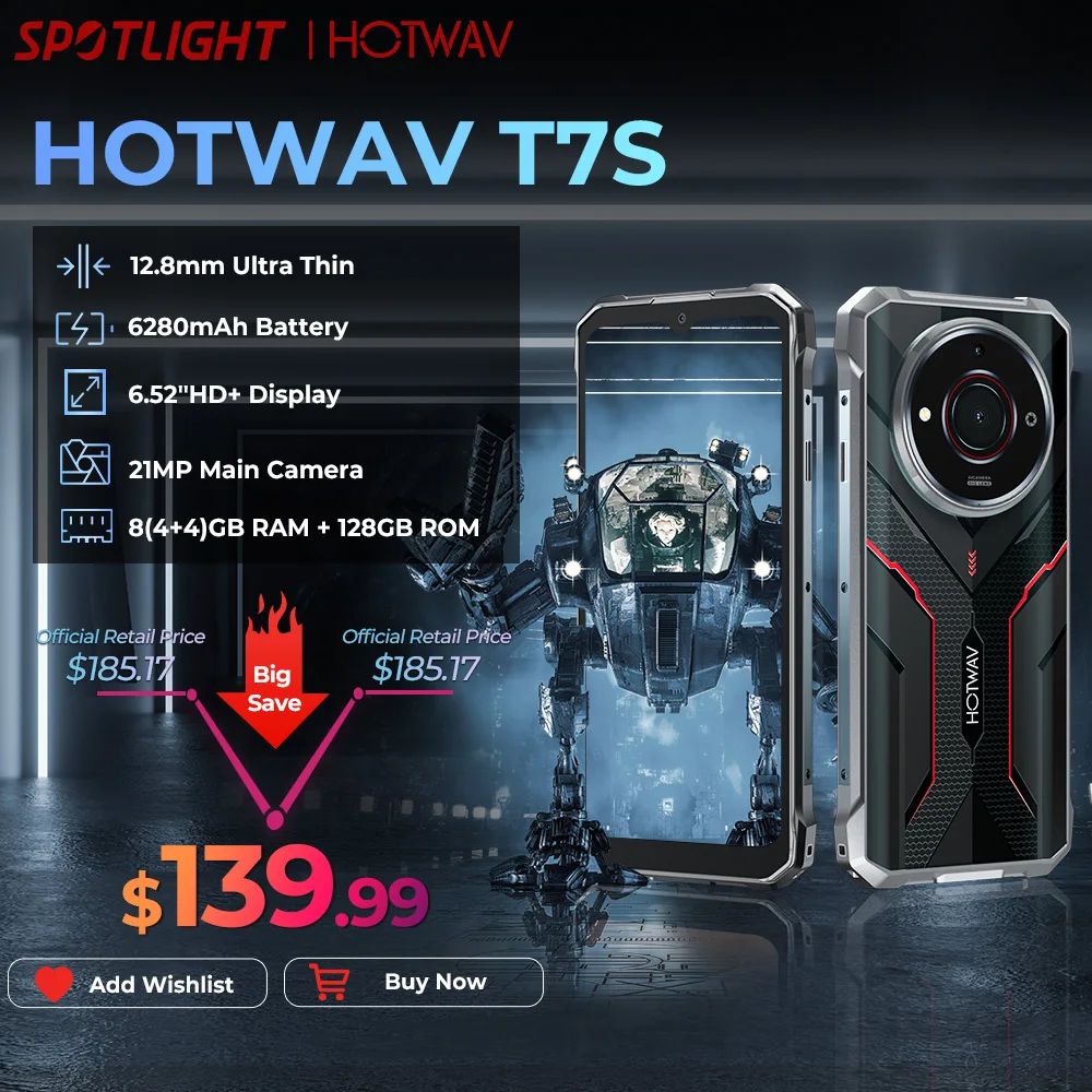 HOTWAV T7S Smartphone Robust 2025 | 8+128GB, 6280mAh, 6.52 Pollici, Android 13, 4G, IP68/IP69K | Telefono Antiurto Con Torcia E GPS