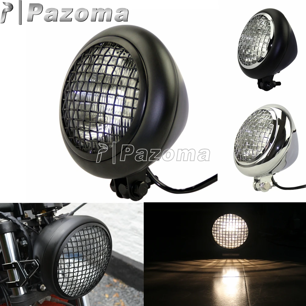 6.5 Inch Retro Grill Mesh Headlight H4 Hi/lo Front Headlamp For Chopper