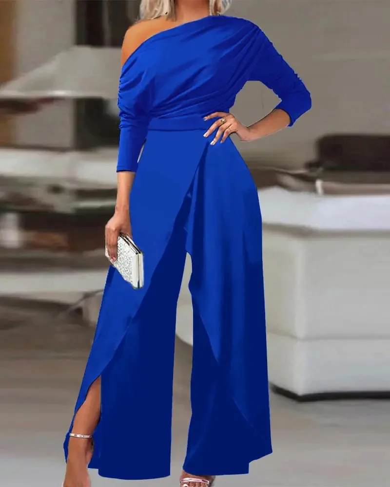 Elegant Jumpsuits For Women 2023 Spring New Ruched Cold Shoulder Sexy Slit Wide Leg Jumpsuit Office Lady Solid Party Jumpsuit