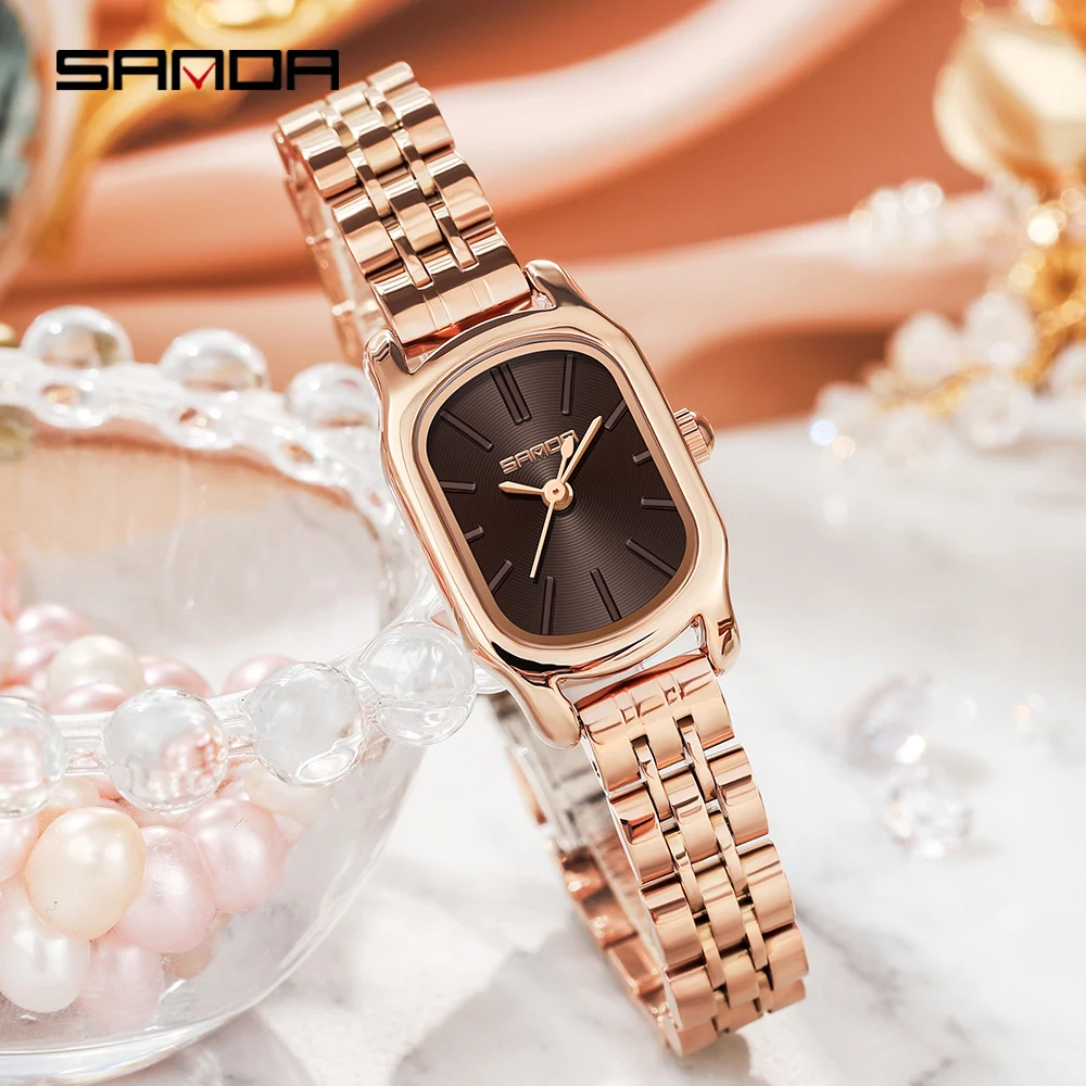 SANDA  P1104 New Womens Quartz Watch Casual Fashion Rose Gold Case Womens Watches Maroon Leather Strap Waterproof Watch