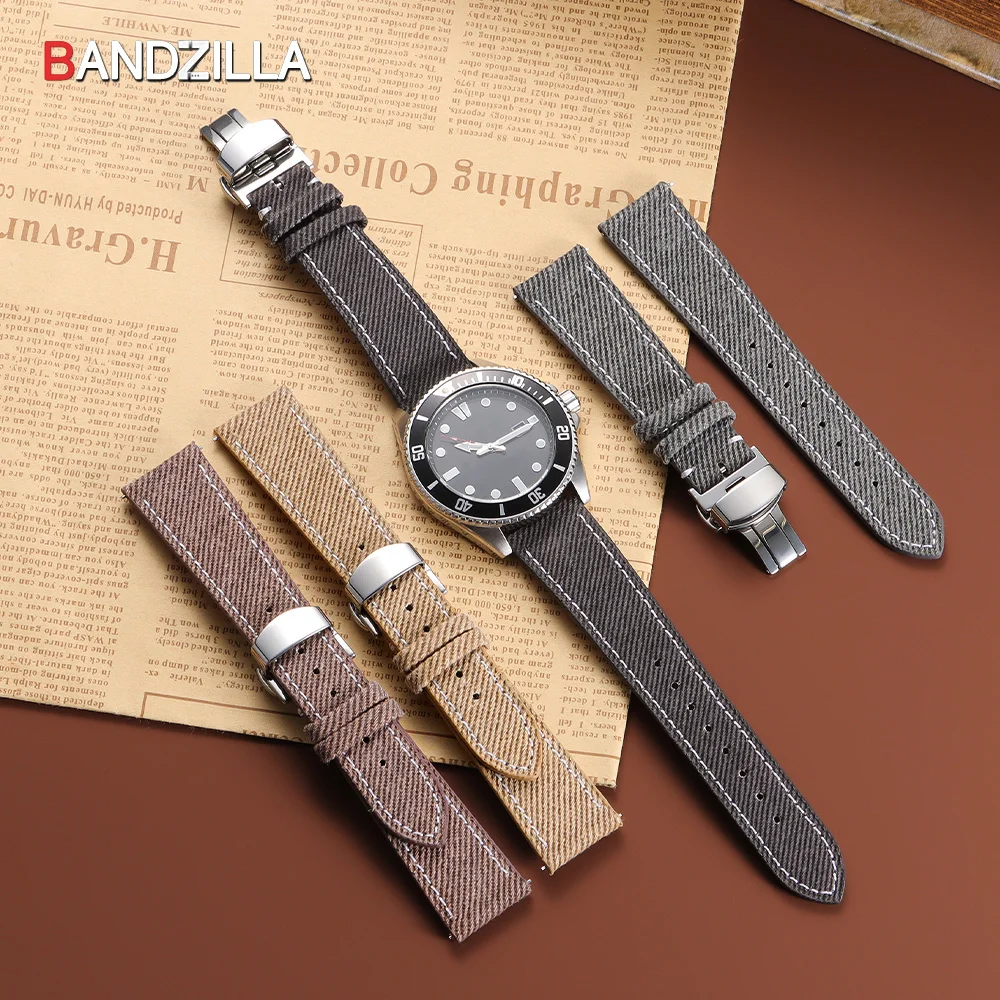 Elegant Denim Sailcloth Leather Watch Strap - Butterfly Buckle, Sport & Business Style