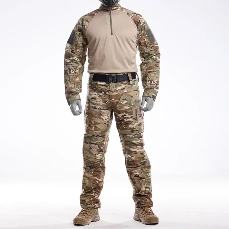 Men Combat Suit Camouflage Tactical Sets Multi-pocket Quick-dry Training Suits Long Sleeved Breathable T-shirt Knee Pad Pants