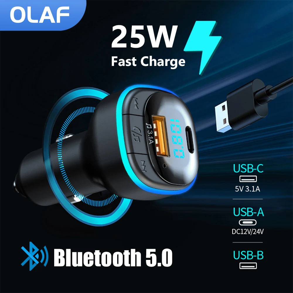 25W USB C Car Charger Bluetooth 5.0 FM Transmitter MP3 Modulator Player