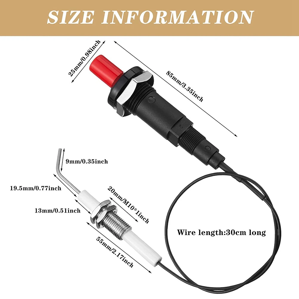 4 Pieces Propane Push-Type Piezo Igniter Kit with Threaded Ceramic Electrode Ignition Plug Wire 30 cm for Gas Grill