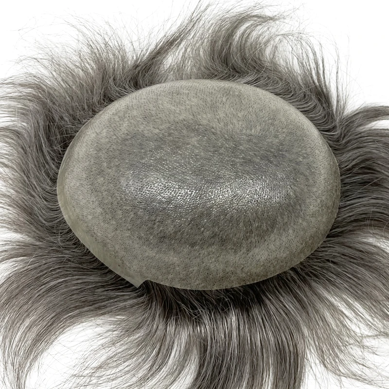 Grey Hair V looped Remy Human Hair Thin PU Toupee Thin Skin Base Hair Piece For Men