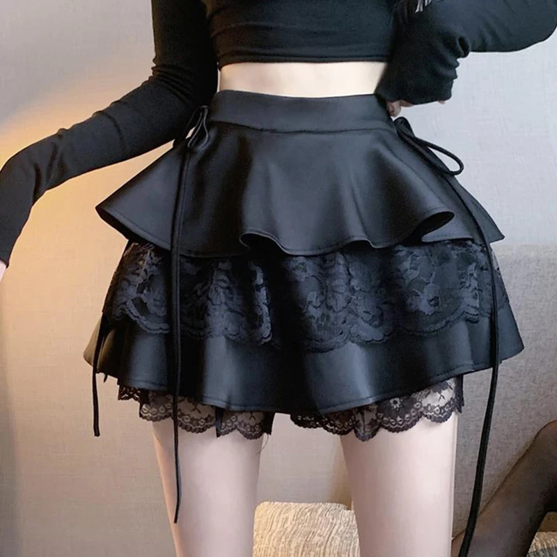 Y2K Sweet Solid Women Mini Skirt Summer High Waist Lace Patchwork Ladies Ball Gown Fashion All Match Ruffles Female Skirt 5