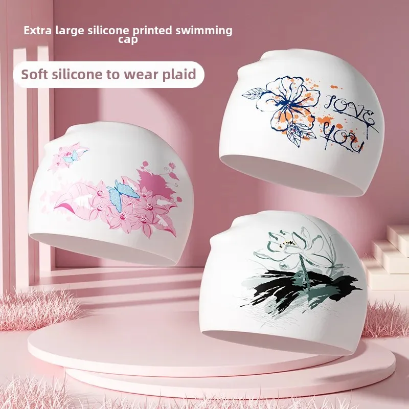 Waterproof Silicone Swimming Cap For Women Comfortable Non-Tightening Large Size Korean Fashionable Printing Anti-Slip