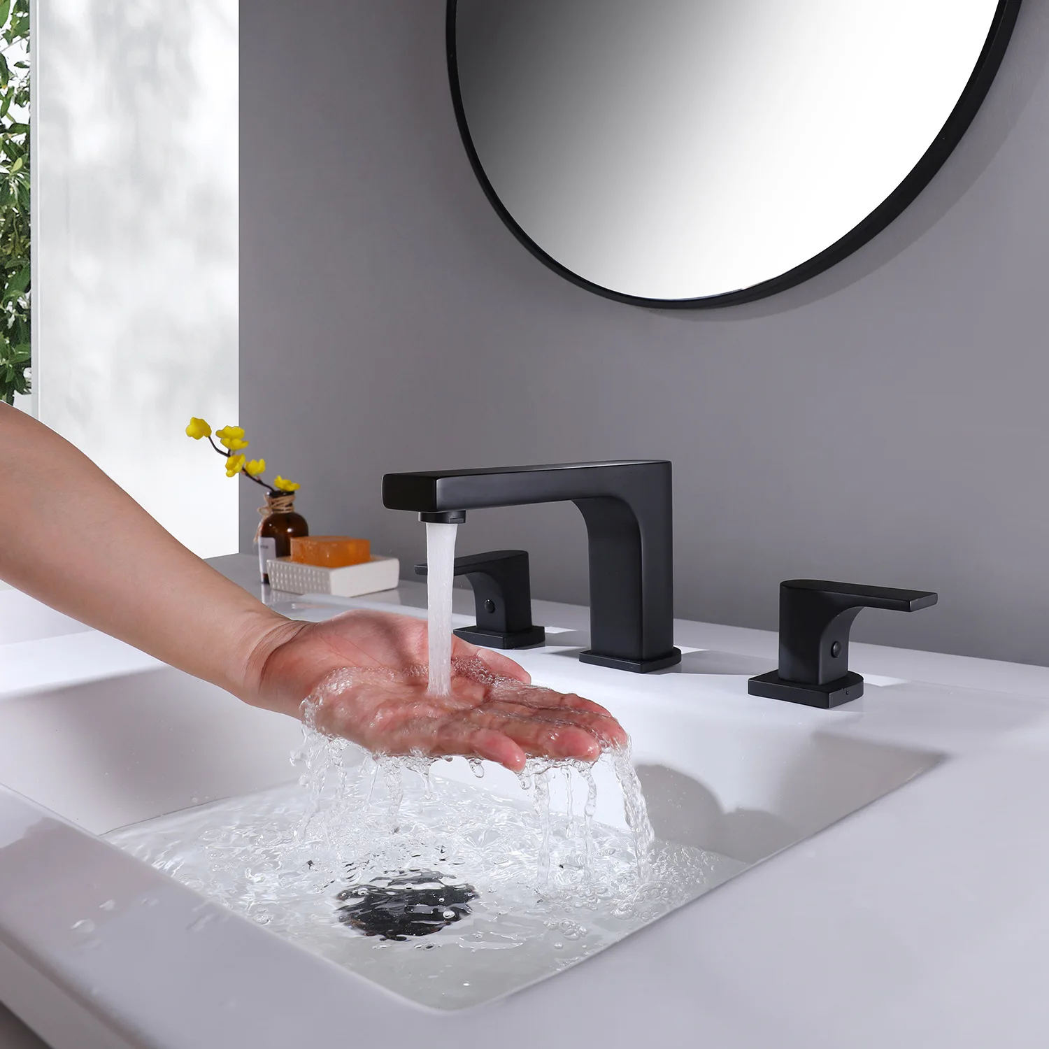 

Top Quality Black Brass Bathroom sink faucet 3 Holes 2 Handles Basin mixer Tap Modern Design Copper Cold hot water Bath Faucet