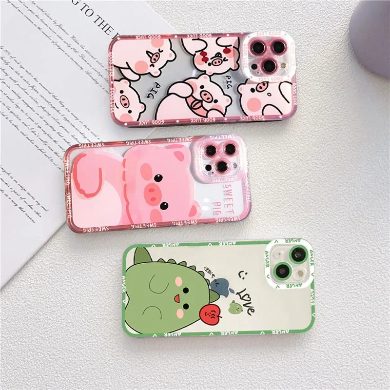 Per Iphone 14 15 Pro Max Custodia Cartoon Dinosaur Pink Pig Phone Case Per Iphone 11 12 13 Pro Max X Xs Xr 7 8 Plus Se Cover