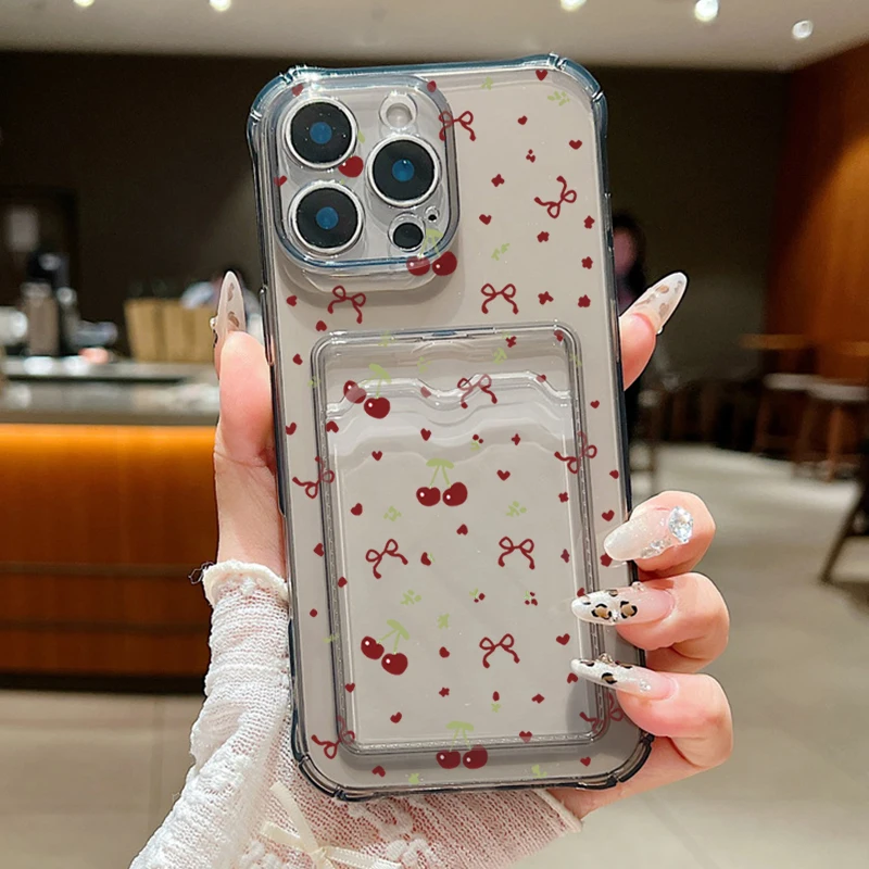 Red Cherry Pattern Shockproof Soft Silicone Phone Cover with Card Slot Pocket