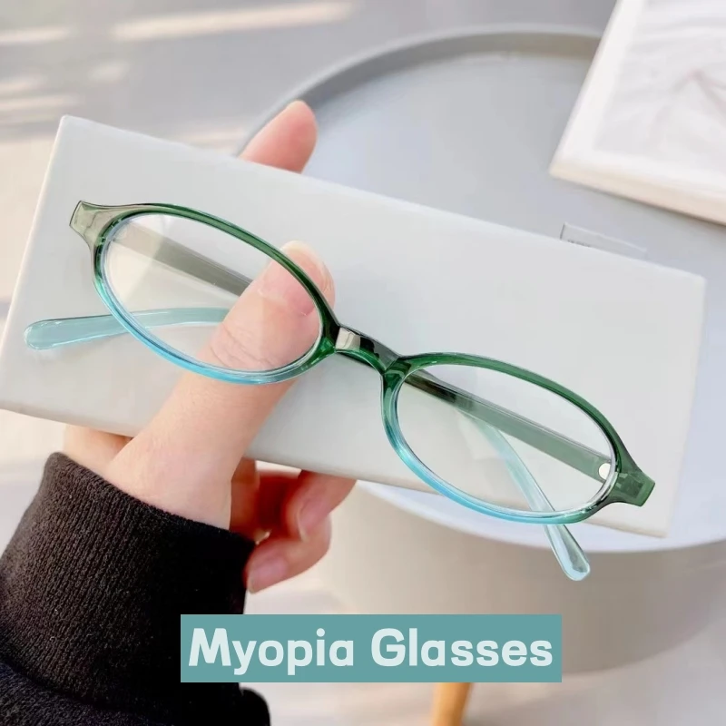 2023 Fashion Retro Blue Green Oval Small Frame Short Sighted Glasses Women's Anti Blue Light Glasses New Style Myopia Eyeglasses 2