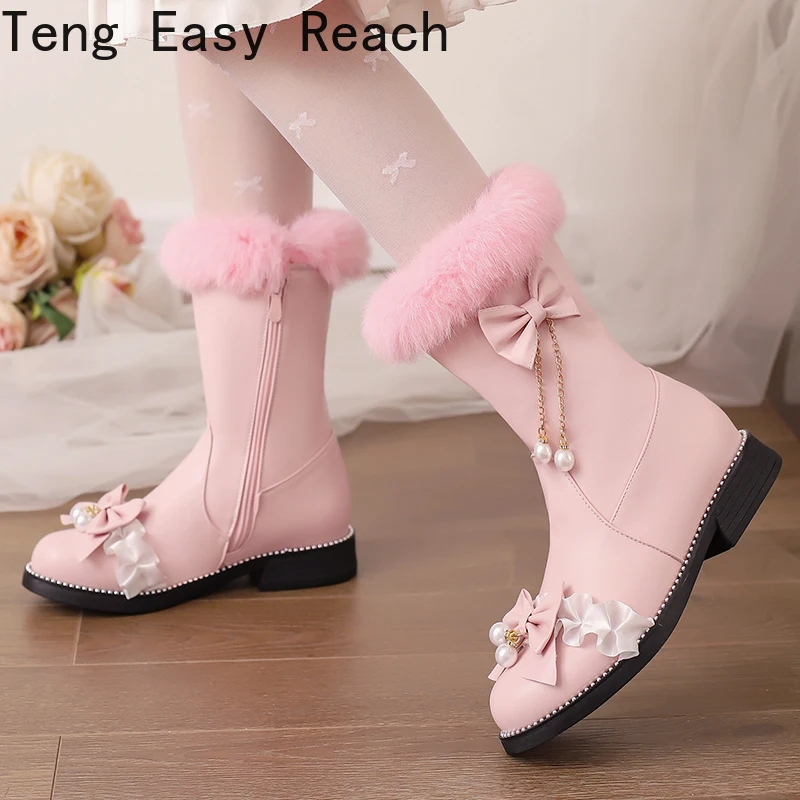 

Women's Pink White Sweet Lolita Chunky Ankle Boots with Bows Harajuku Style Gothic JK Uniform Cosplay Winter Boots
