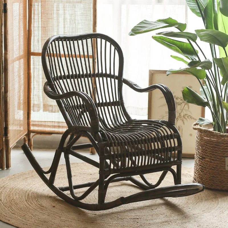 

American style rural handmade solid rattan lounge chair, retro living room balcony, adult leisure rattan woven rocking chair
