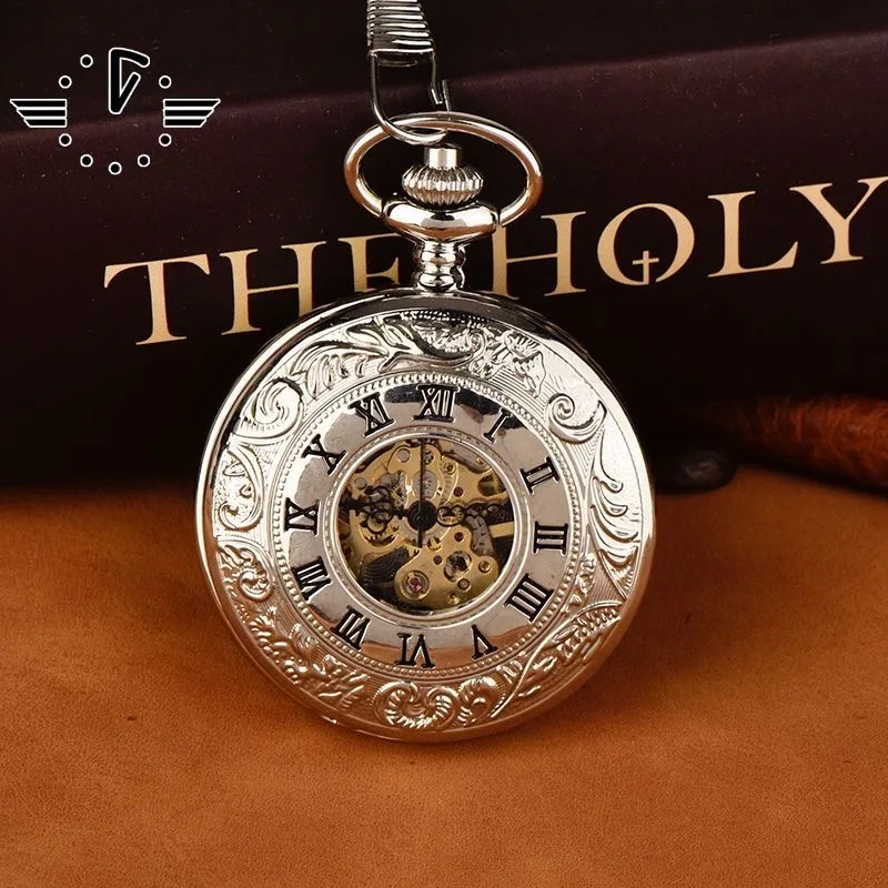 Pocket watch for men and women, mechanical hollow out Roman retro flip cover, student Roman digital necklace, mechanical watch,