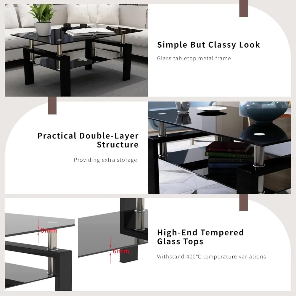 Black Glass Coffee Table Set of 3 Piece, Living Room Tables Set of 3 Pcs, Including 1 Coffee Table and 2 End Side Tables, Metal