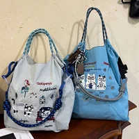 New women's crossbody bag Nylon shopping bag Cat embroidery lightweight Tote bag Folding storage suitable for commuting travel l