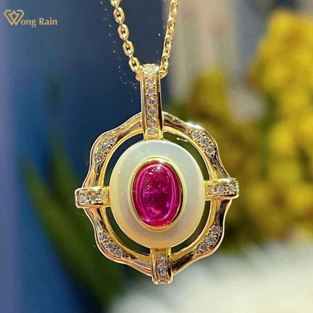 

Wong Rain 18K Gold Plated 925 Sterling Silver Oval Ruby High Carbon Diamond Gemstone Vintage Pendant Necklace Fine Jewelry Gifts