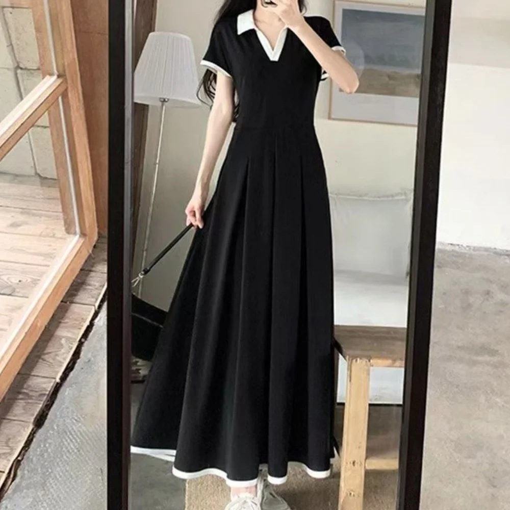 New In 2025 Summer Plus Size Short Sleeve Maternity Dress Loose Matching Patchwork Lady's Black Dress Korean Chic Elegant Dress