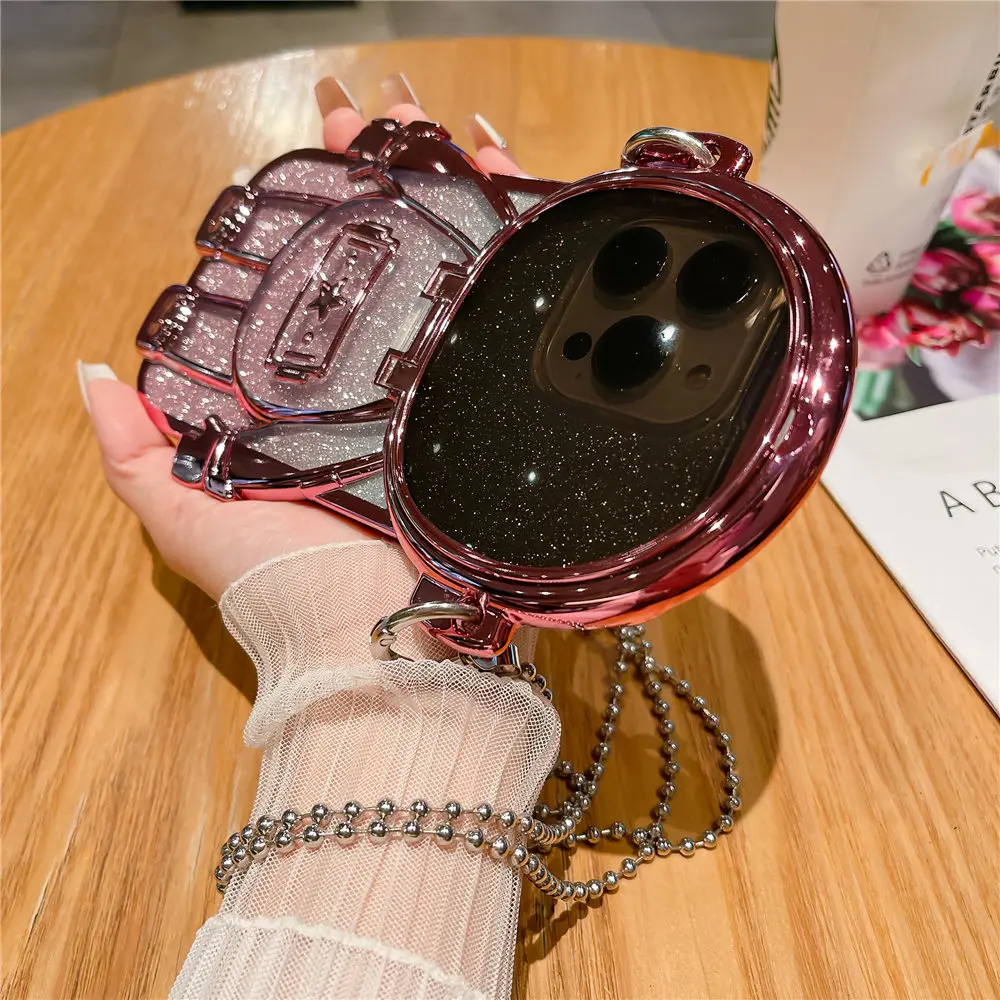 Astronaut Mirror Makeup Clear Crossbody Phone Case with Glitter Shockproof Cover