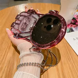 Astronaut Mirror Makeup Clear Crossbody Phone Case with Glitter Shockproof Cover - iPhone 15 Pro Max (RoseGold)