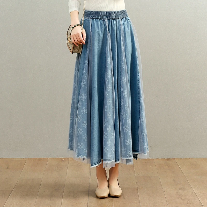 tiyihailey-free-shipping-2022-new-long-mid-calf-a-line-skirt-women-elastic-waist-spring-autumn-denim-jeans-vintage-big-hem-mesh