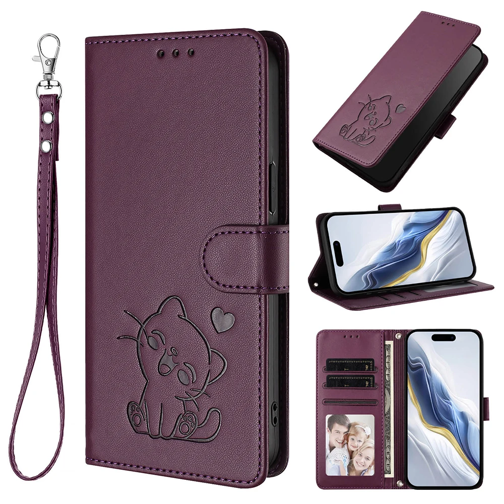 Cute Cat Leather Wallet Case with Card Holder - Stylish Phone Cover