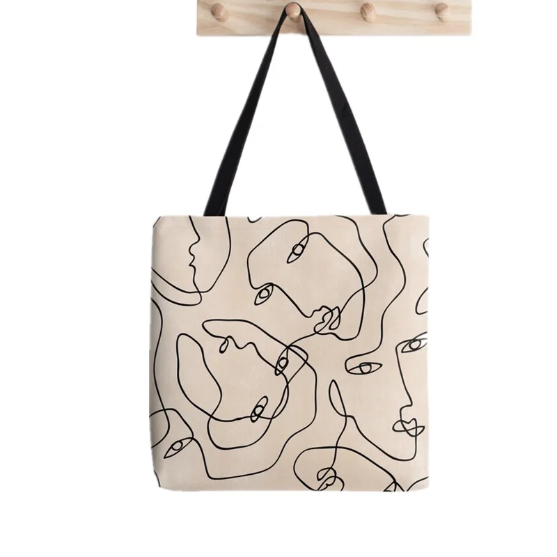 Women Shopper bag Abstract Female Face One Line Leaf Kawaii Bag Harajuku Shopping Canvas Bag girl handbag Tote Shoulder Lady Bag