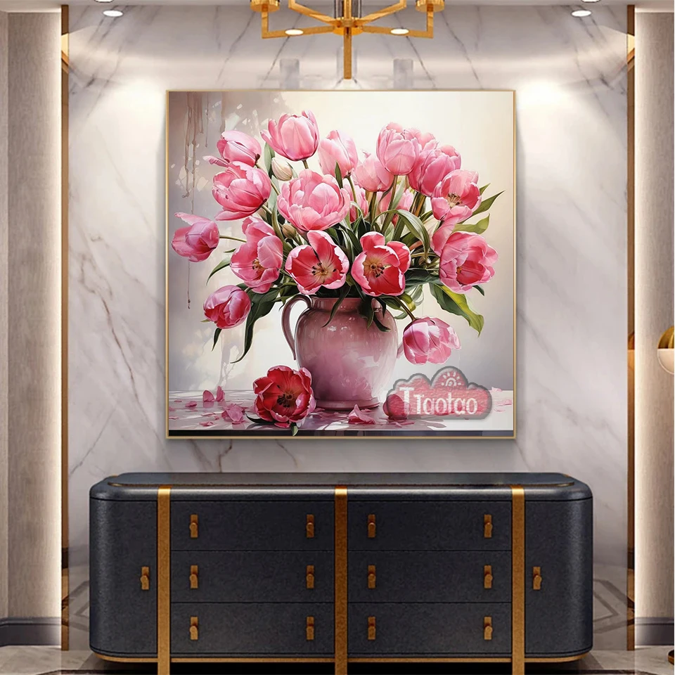 Peinture de diamant de vase de fleur de nature morte, point de croix, tulipe rose de bricolage, carré complet, rond, broderie de perle de mosaïque, décor de mur, poste, 5D