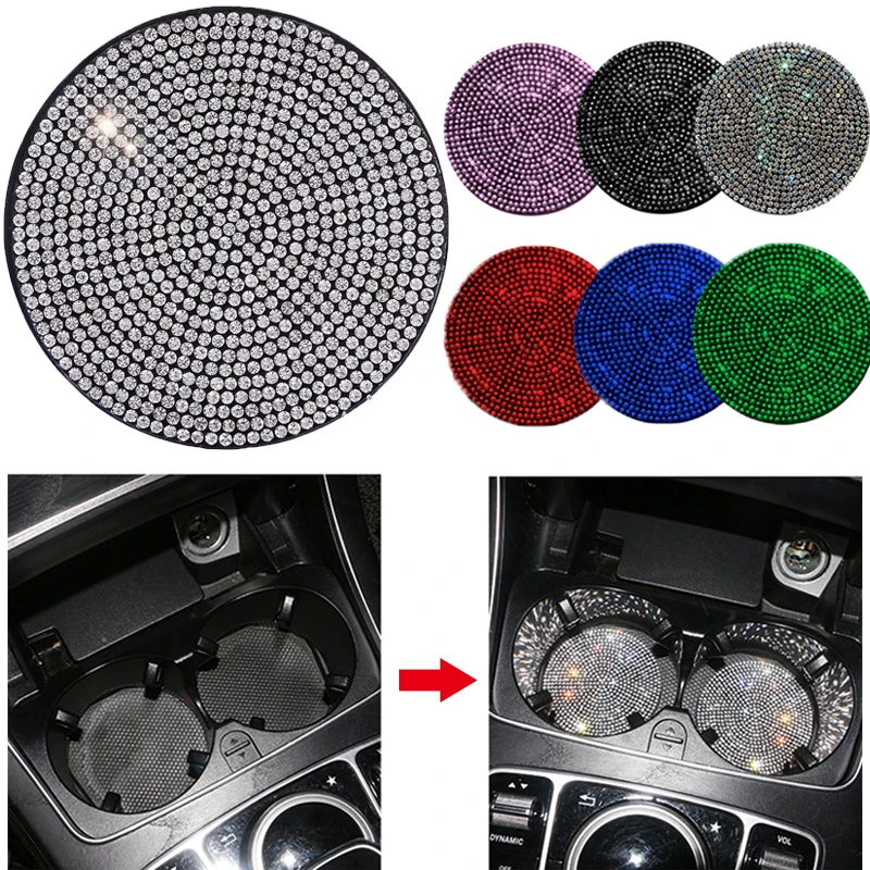 

2Pcs Bling Car Cup Holder Coaster with Rhinestone Anti Slip Insert Mat Pads for Women Girls Universal Auto Interior Accessories