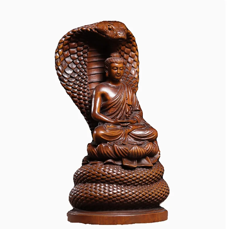Vintage Serpent Buddha Statue, Huangyang (Boxwood), Wooden Carving, Antique Style Buddha Sculpture