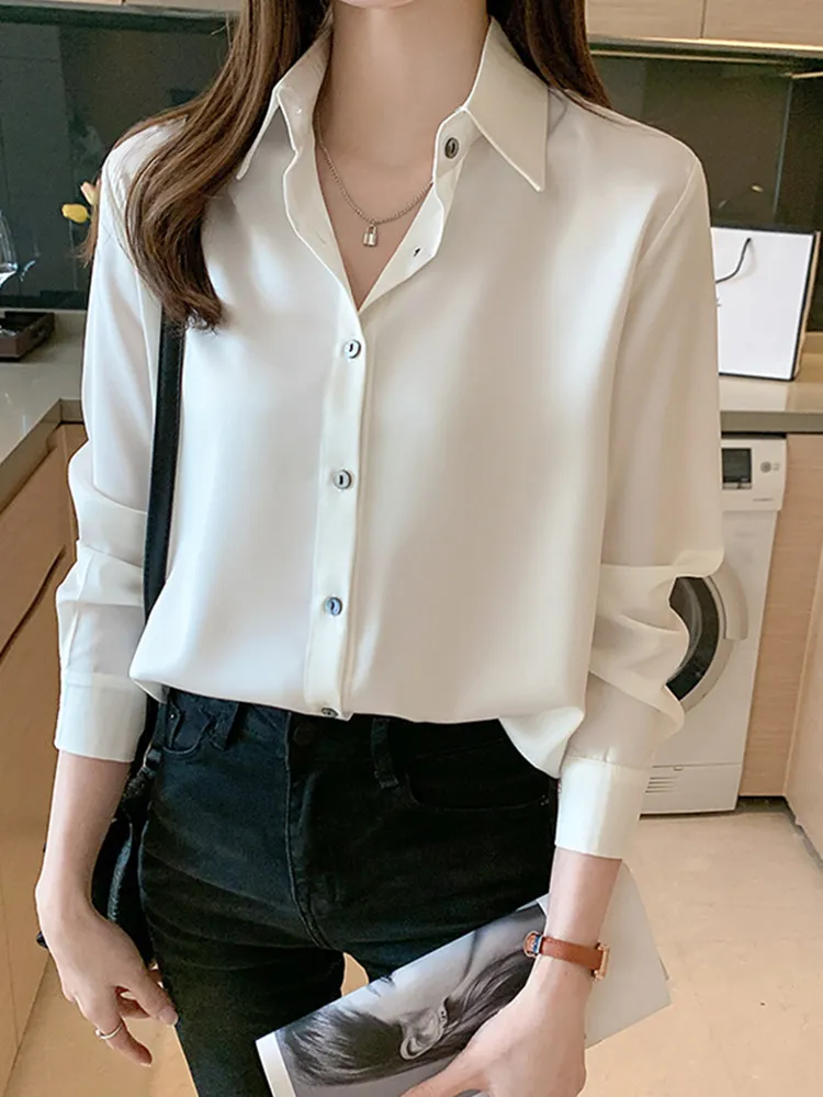 Camisa de seda de manga larga para mujer, blusa blanca de seda, Tops informales básicos sólidos, 2023 _ - Mobile