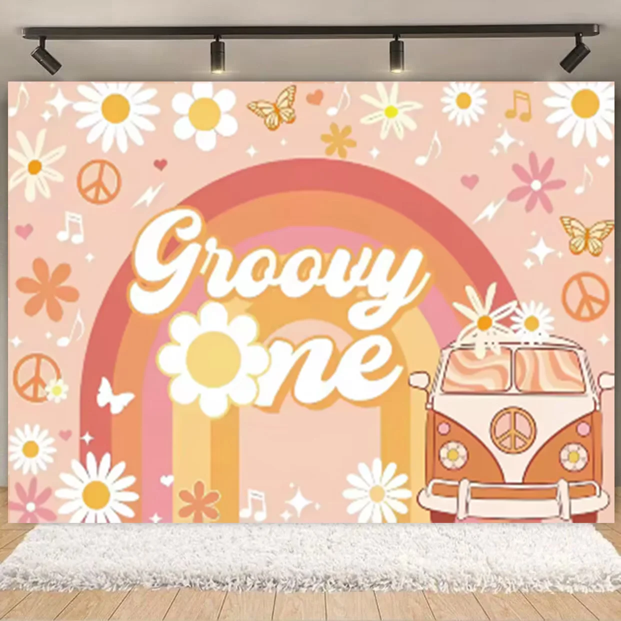 Retro Cartoon Hippie Bus Thema Alles Gute zum Geburtstag Bohemian Daisy Hintergrund Tuch Party Dekoration Hintergrund Requisiten Kind Geschenke – Detail 4