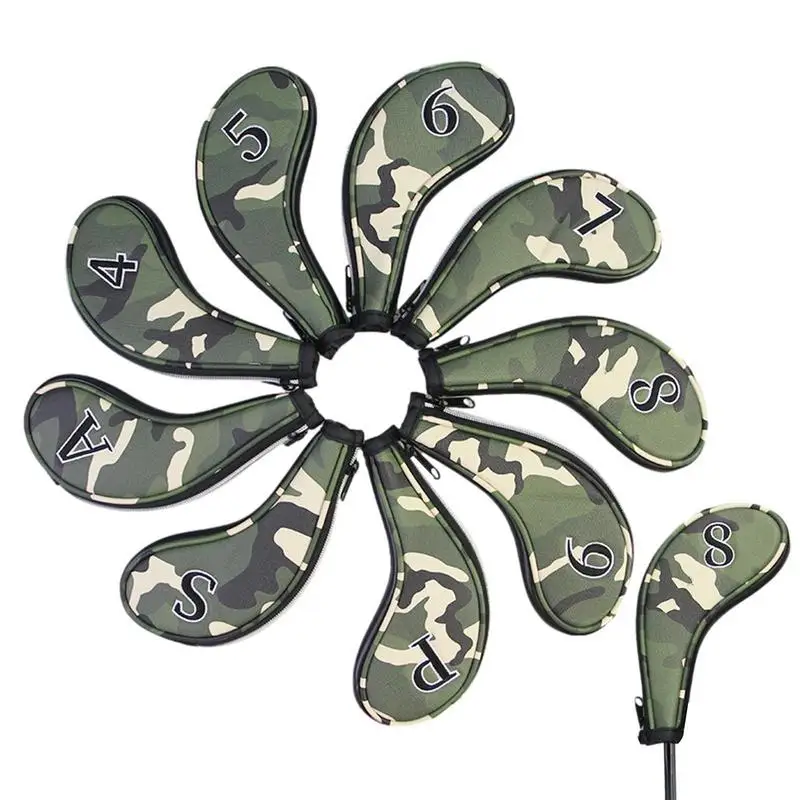

Camouflage High-Quality 9Pcs Golf Head Cover Golf Club Iron Putter Protect Set Number Printed With Zipper Long Neck