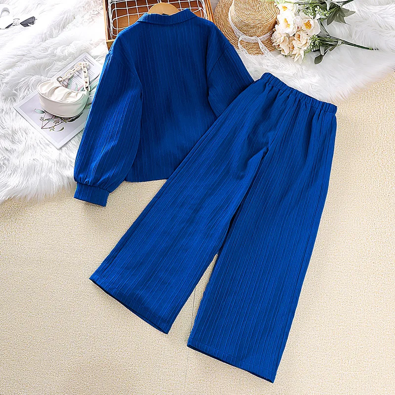 Girls Clothes Sets 4-16 Years Blue Long Sleeve Top + Blue Pants For Girls Spring Autumn Korean Style Suits Casual Clothes Sets - 3