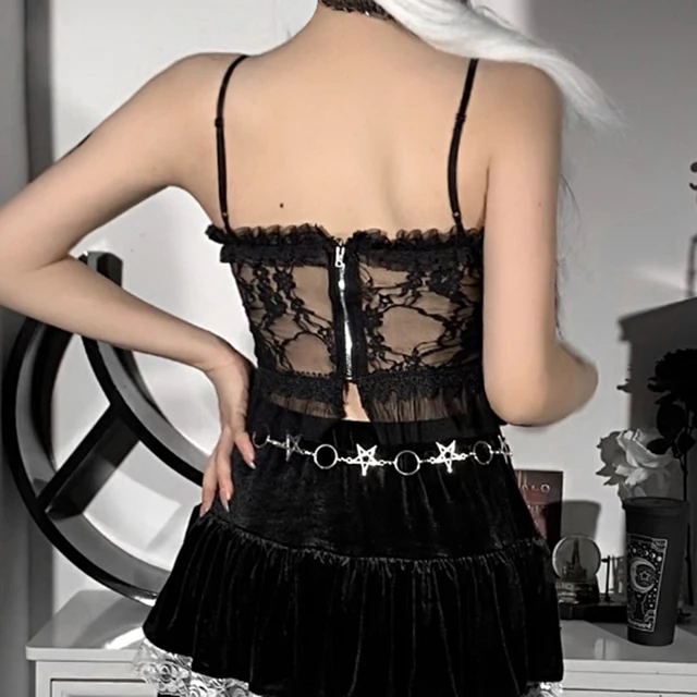 Goth Cross Print Lace Bodycon Crop Tops Camis Sexy Y2k Aesthetic