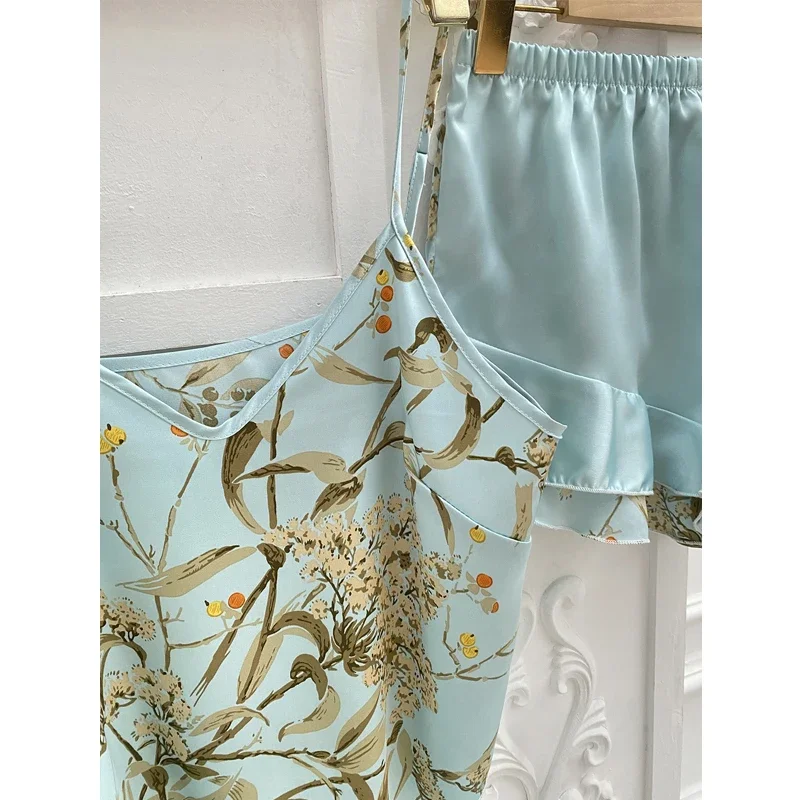 5-piece Loungewear Print Thin Dressing Gown Nightgown Set Women's Pajamas Printed Top women Pajama Set Slip Shorts Skirt Set