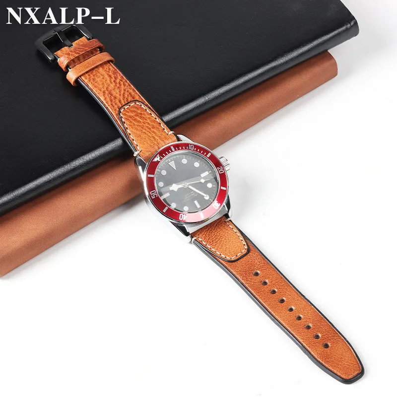 Vintage Genuine Leather Watch Band with Stitching - Retro Cowhide Quick Release Strap