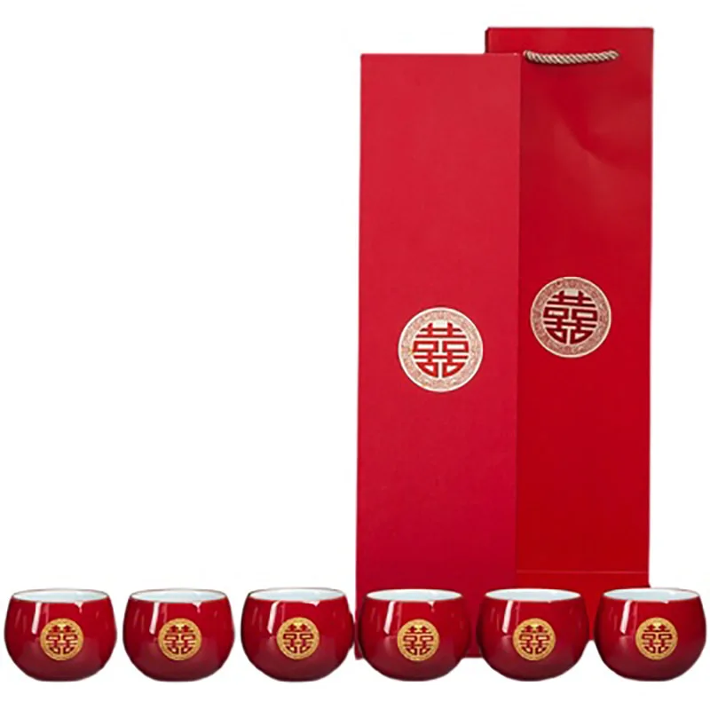 Ceramics Chinese Traditional Red Wedding Tea Cup Porcelain Teacups Luxury Souvenir Marriage Gifts For Bride and Groom