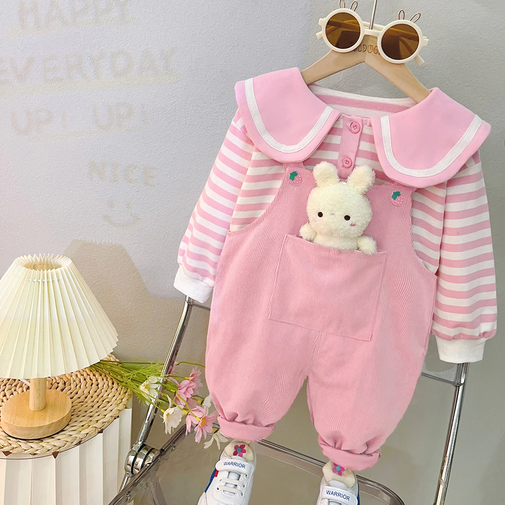 

Baby Girls Clothing Sets Spring Autumn Children Stripe T Shirt Overalls Cartoon Rabbit Infant Clothes Outfits Kids Tracksuit