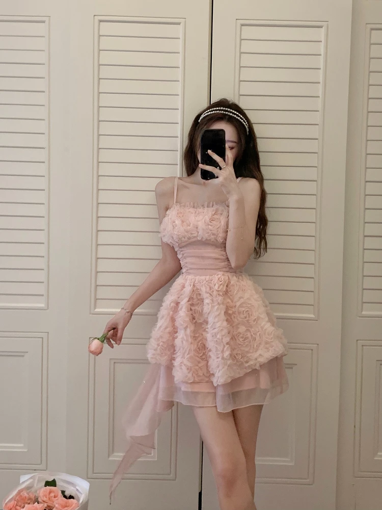 ピンク甘い Y2k ミニドレスの女性 2023 夏カジュアルエレガントな