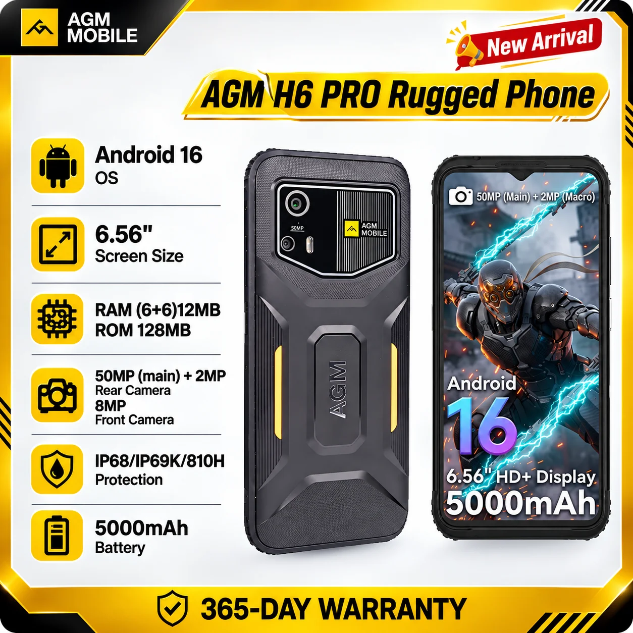 【NEW】AGM H6 PRO Rugged Smartphone (6+6)12GB+128GB Android 16 Phone 6.56-Inch 5000mAh NFC 50MP Camera Cell Phone