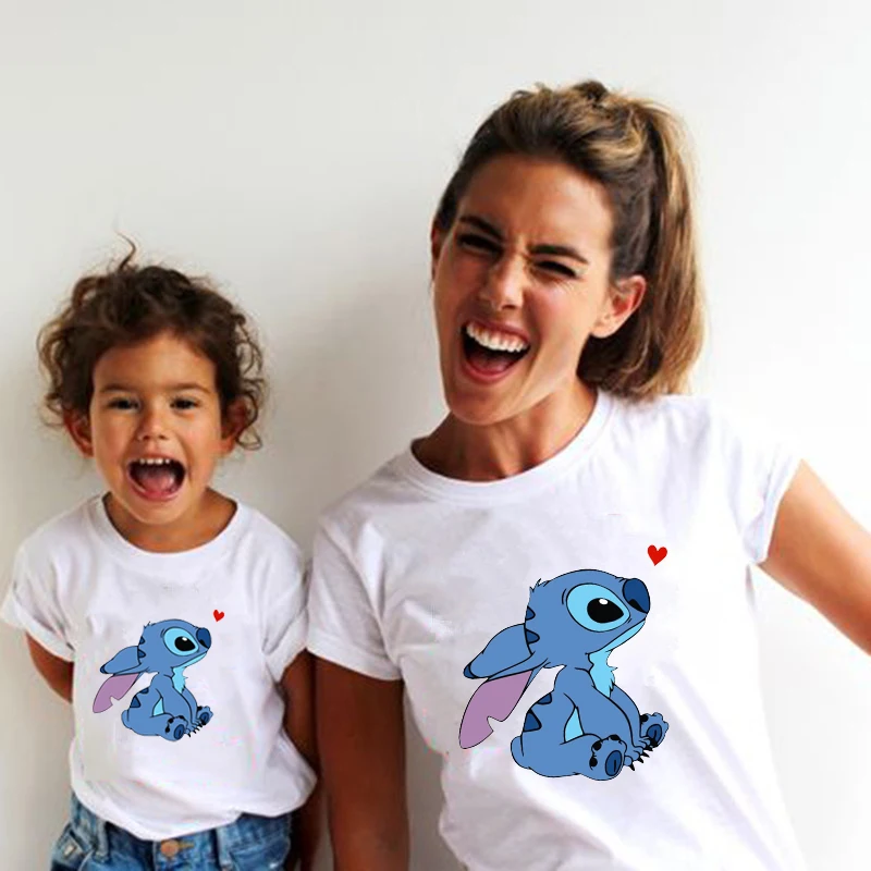 Family Look Disney Stitch T Shirt Mother and Kids Matching Outfits Fashion Streetwear Mom and Daughter Son Family Clothes Tops 2