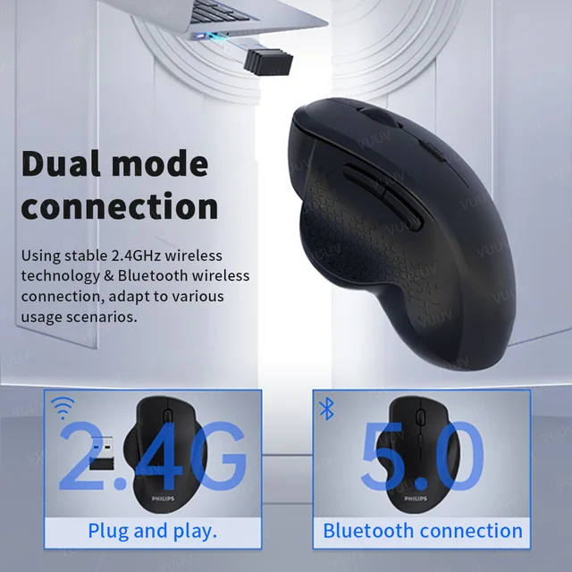 Ergonomic Rechargeable Wireless Bluetooth Mouse for PC Computer Laptop Macbook 1600DPI Dual Mode Mouse for IOS Android Tablet 3