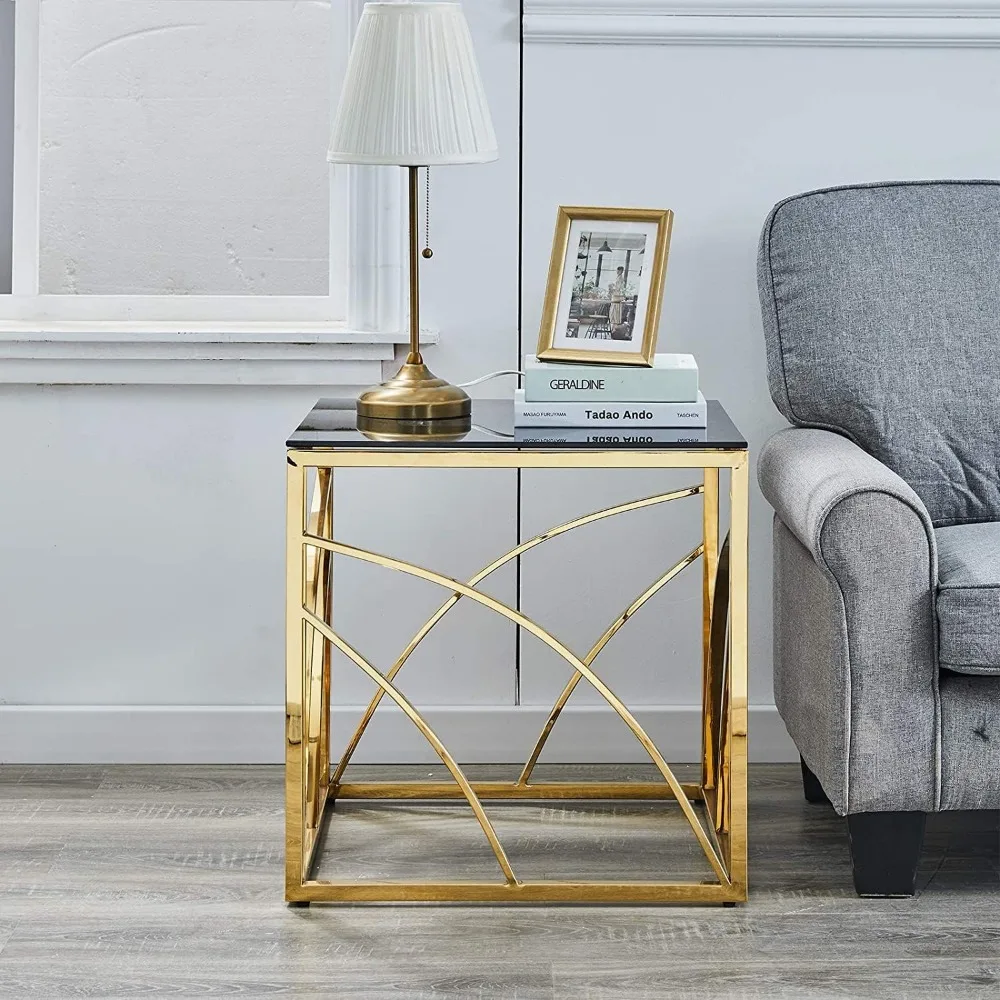Accent Glass End Table Gold- Set of 1 Modern Square 21.45" Coffee Table Tempered Glass with Stainless Steel Frame, Sleek Side Ta 5